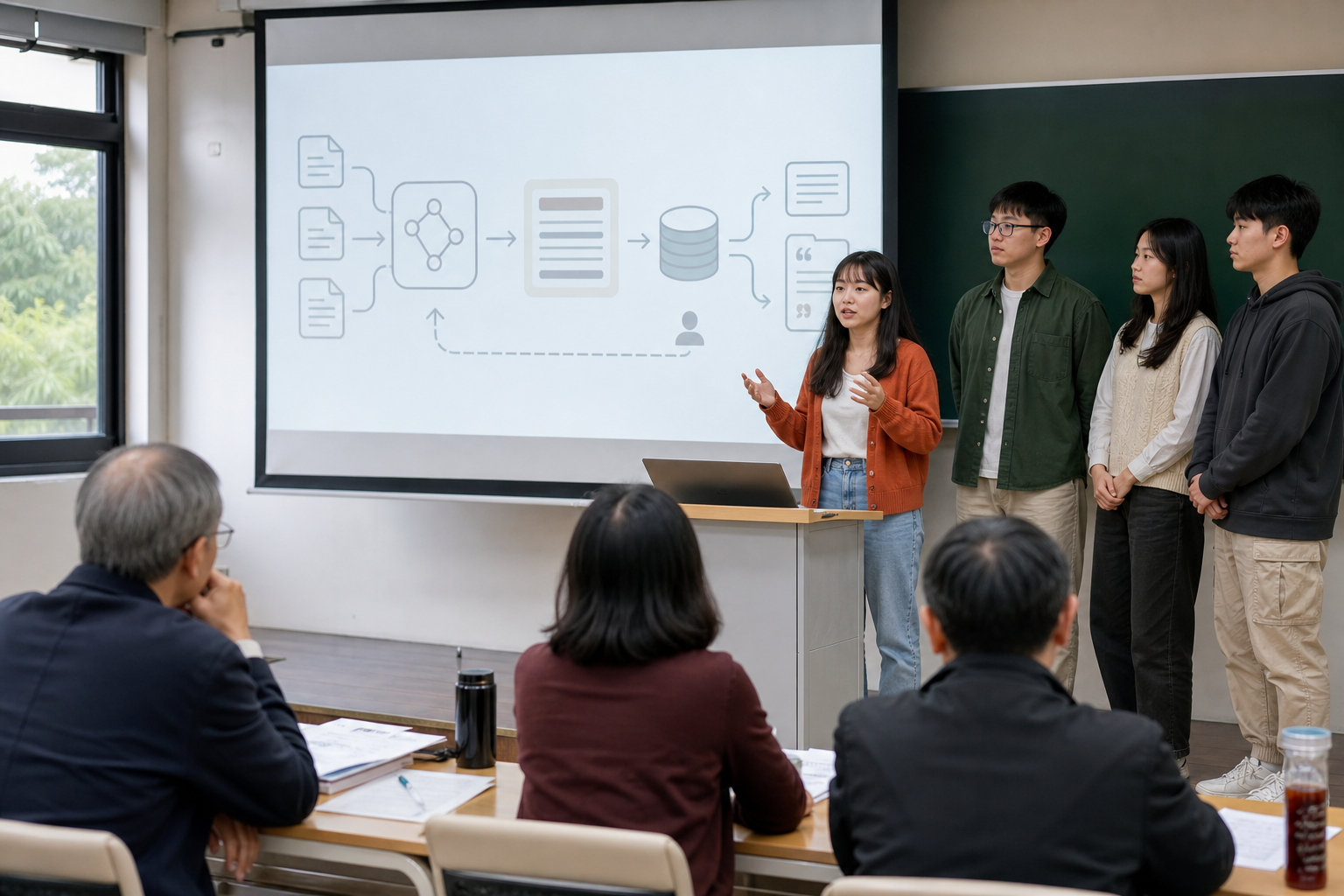 資管系大學生於畢業專題發表場合進行簡報