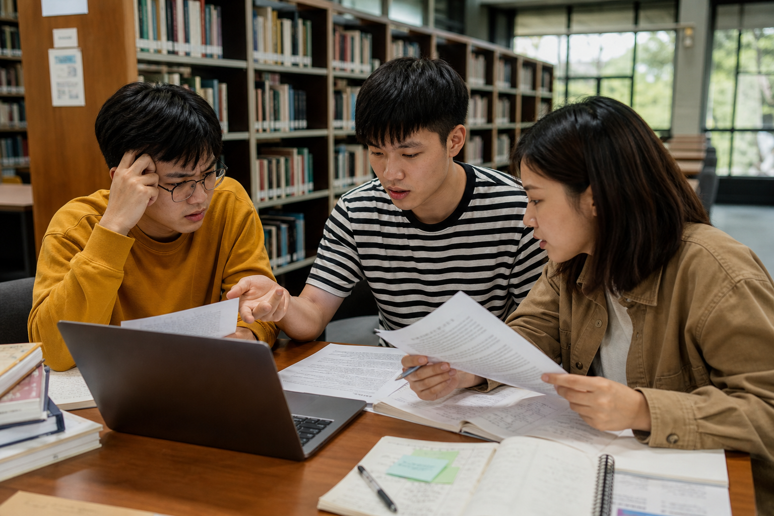資管學生在圖書館比對多份資料來源,釐清真實痛點
